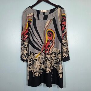 Aryeh Women Grey Black Floral Psychedelic Long Sleeve Shift Dress Medium RN82312